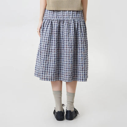 MOVEUP Casual Plaid Skirt 2026 Summer New Elastic Waistband Pocket Commuting Pleated Patchwork Loose A-Line Skirt 3ELX20627
