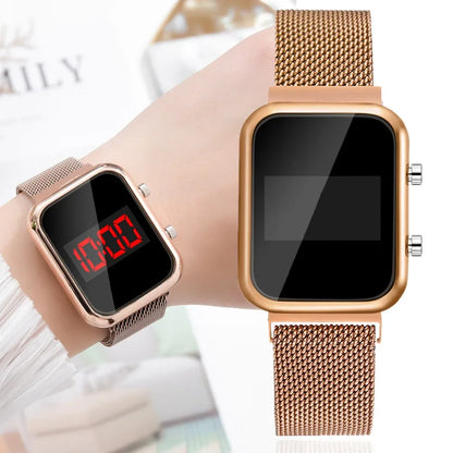Fashion Rectangle Women LED Digital Watches Luxury Rose Gold Magnetic Mesh Band Electronic Wristwatches Ladies Clock Reloj Mujer