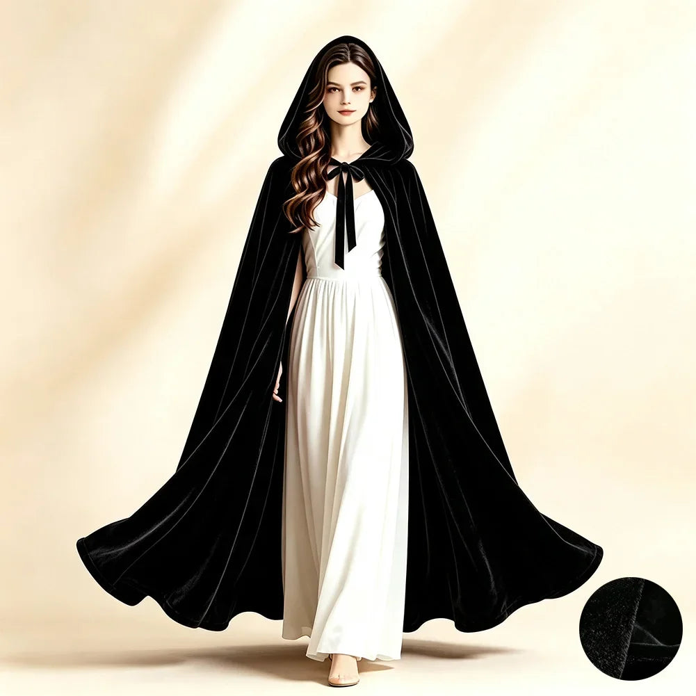 Halloween Hooded Velvet Cloak Long Medieval Cape Wide Silhouette Velvet Shawl For Women Wedding Stage Festival Holiday
