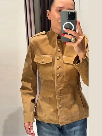 Elegant Women's Suede Short Jacket Slim Waist Cinched Stand Collar Long Sleeve Single Breasted Coats 2026 Autumn Lady Jackets