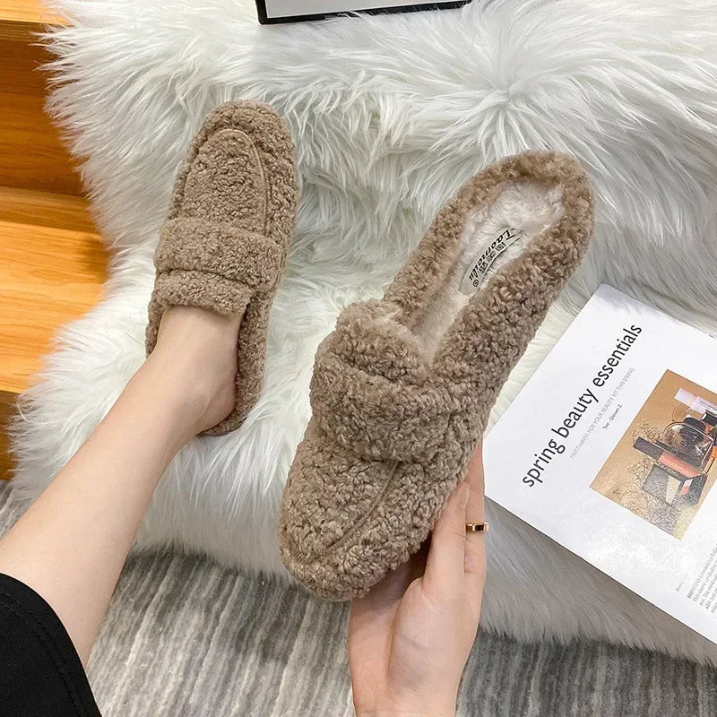 Winter Warm Plush Half Slippers Woman Outdoor Furry Mocasines Warm Slip on Cotton Shoes Woman Flats Cover Toe Curly Fur Slides