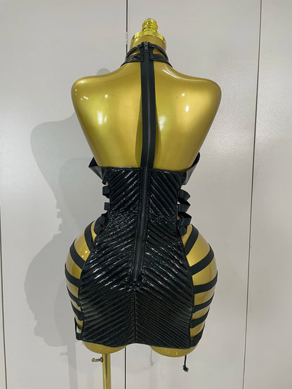 Sexy Black Leather Hollow Out Gothic Bandage Halter Short Dress Women Gogo Dance Singer Nightclub Bar Performance Stage Wear
