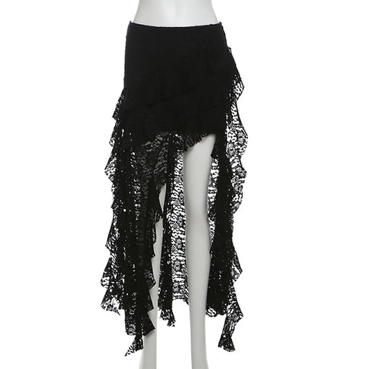 BKLD 2026 Autumn New Women Clothing Black Skirts Sexy High Waist Lace Ruffles Patchwork Irregular Y2k Skirts Party Clubwear