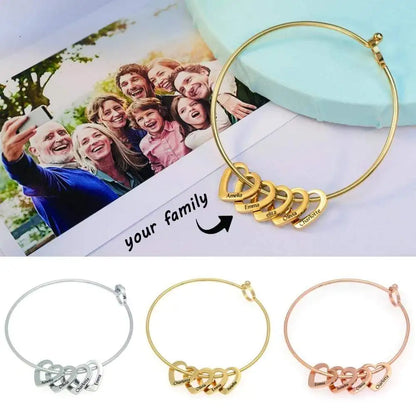 Custom Family Names Heart Beads Bangle Bracelet Personalized Names Heart Bracelet For Women Mom Gril Mother's Day Gift