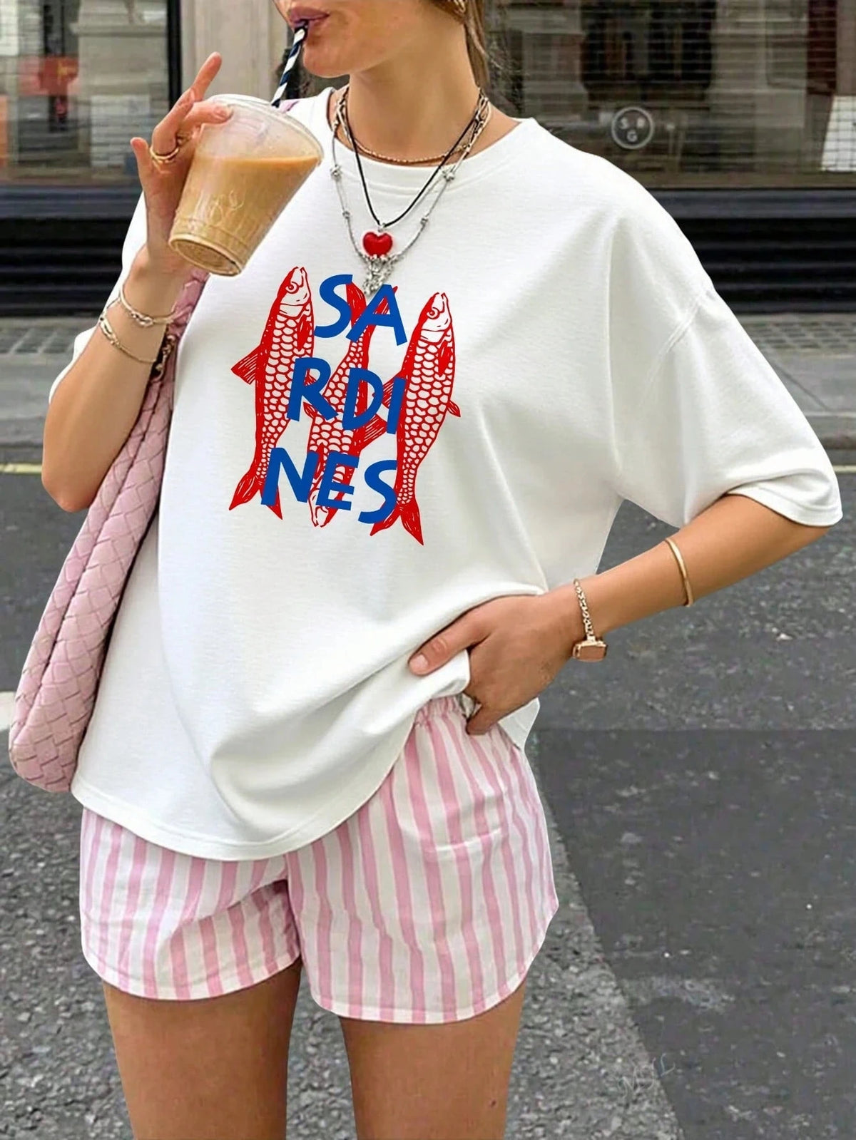 Summer Russian Cartoon Sardines and Letter Printed Short-sleeved T-shirts Fashion Y2K Casual Women's Daily Half-sleeved Tops