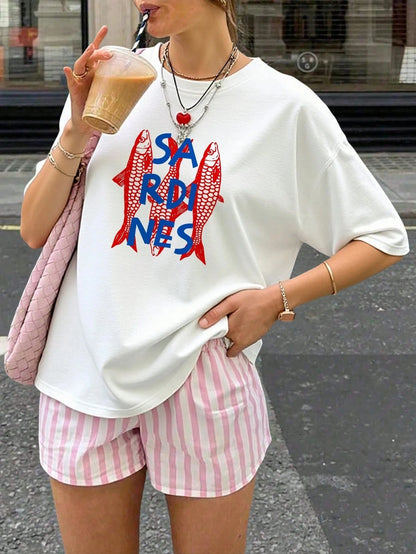 Summer Russian Cartoon Sardines and Letter Printed Short-sleeved T-shirts Fashion Y2K Casual Women's Daily Half-sleeved Tops