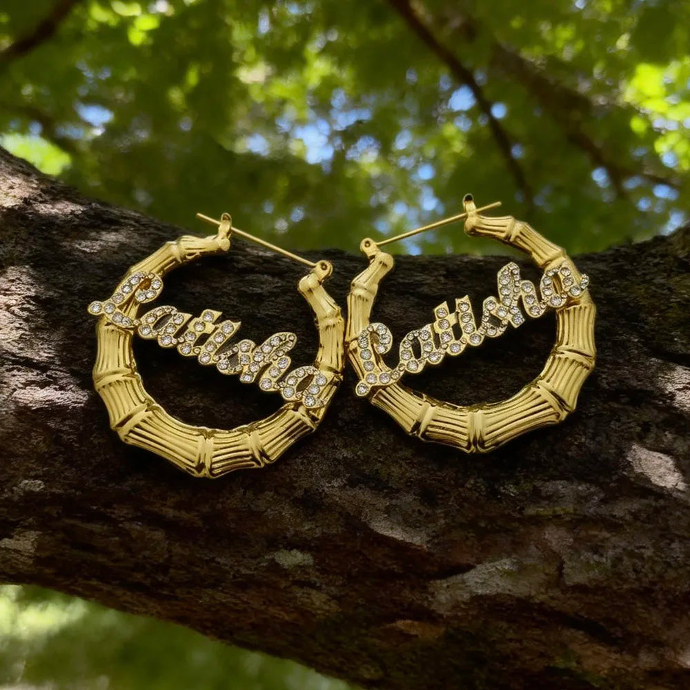DODOAI 40mm-100mm Bling Name Bamboo Earrings Custom Trapezoid Hoop Bamboo Names Earrings Letter Big Personalised Name Earrings