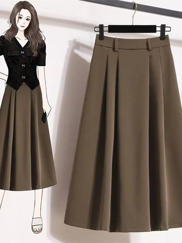 Draped Suit Style Midi Skirt A-Line Silhouette High Waist Korean Style plus Size Women's Clothing Summer Thinming Belly Covering