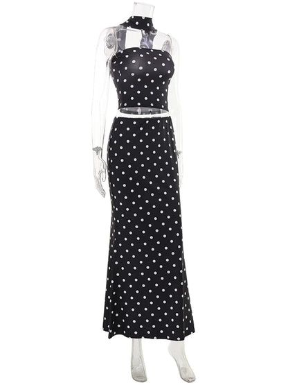 CNYISHE Dot Prints Strapless Scarf Hip Wrap Sheath Fashion Suits Elegant Women Sets Sexy Club Streetwear Trendy Female 2 Pieces