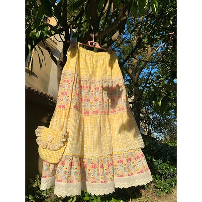 MEXZT Vintage Plaid Midi Skirt Women Japanese Harajuku Print Skirts Summer Y2K Boho Korean Lace Patchwork Casual Design Faldas
