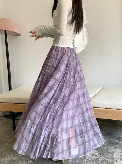 2026 Spring Summer Wrinkled Pleated Skirt Women Mesh Skirt Korean Casual High Waisted A-Line Plaid Long Skirt Midi falda plisada