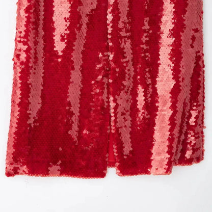 High Waist Bead Embellishment Long Skirt Women Red Sequins Slim Fit Slit Simple Temperament Midi Skirts Lady Elegant Party Skirt