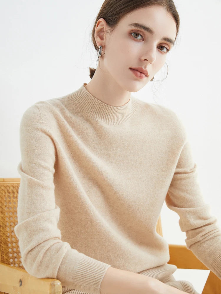 First-Line Seamless Women's Half-Turtleneck 100% Pure Wool Sweater Solid Color Long Sleeve Pullover Knitted Bottoming Sweater