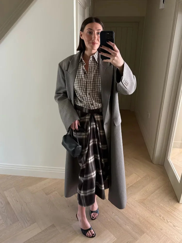 Chic Plaid Checked Midi Skirt Women Casual Pleated Slim High Waist Mid-length Bottom Skirts 2025 Office Commute Daily Wear New