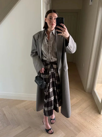 Chic Plaid Checked Midi Skirt Women Casual Pleated Slim High Waist Mid-length Bottom Skirts 2025 Office Commute Daily Wear New
