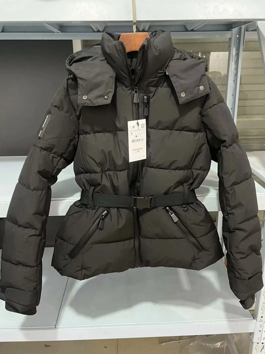 2027 Fashion Women's Winter Hooded High Waist Padded Coats with Belt Lady Elegant Thicken Warm Pockets Windproof Skiing Jackets