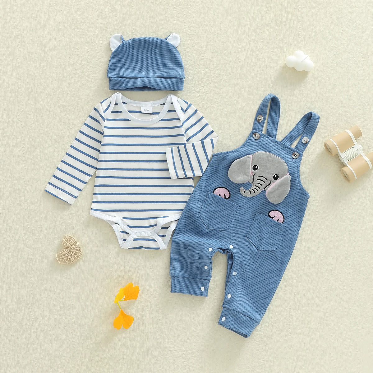 Citgeett Autumn Infant Baby Boys Outfit Sets Long Sleeve Striped Romper Elephant Embroidery Suspender Pants Hat Sets