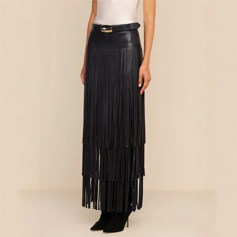 Women Faux Leather Maxi Skirt High Waist Tiered Fringe Long Skirt Fashion Side Split Tassel Skirt For Party Club Nightwear