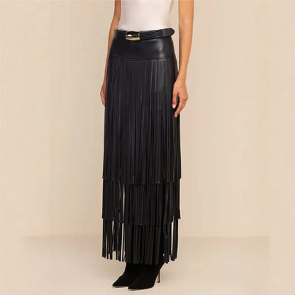 Women Faux Leather Maxi Skirt High Waist Tiered Fringe Long Skirt Fashion Side Split Tassel Skirt For Party Club Nightwear