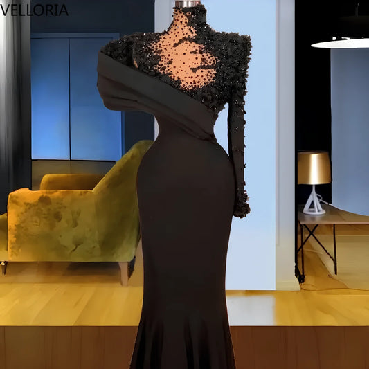 Formal Black Women's Evening Gown High Neck Long Sleeved Mermaid Formal Occasion Gown Luxury Beaded Pleated Ball Gown Customized