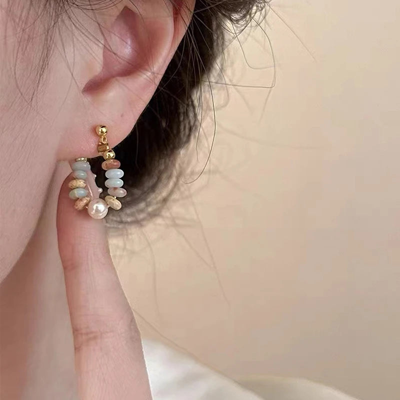 Vacation Style Design Natural Stone Beaded Pearl Pendant Earrings for Women and Girls 2024 Fashion Jewelry Unusual Accessories