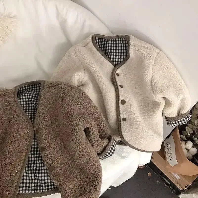 New Autumn and Winter New Warm Jacket Children Two Sides Wear Plaid Plush Jacket Kids Jackets Winter Clothes for Girls