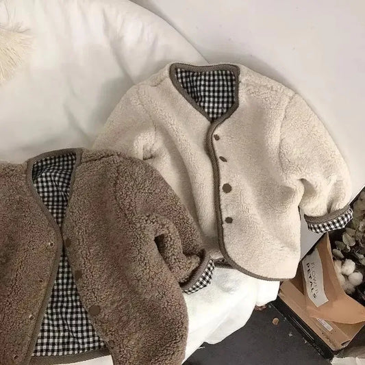 New Autumn and Winter New Warm Jacket Children Two Sides Wear Plaid Plush Jacket Kids Jackets Winter Clothes for Girls