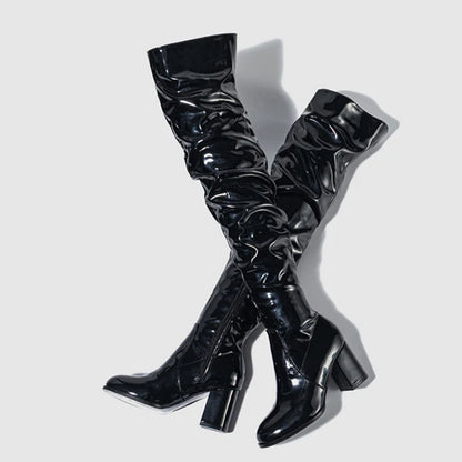Liyke Fashion Round Toe Motorcycle Thigh High Boots Women Red Pleated Patent Leather Over The Knee Shoes Zip Autumn Winter Heels