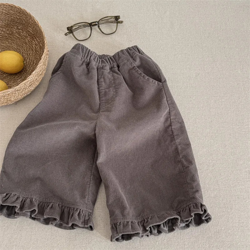 deer jonmi 2026 New Spring Baby Girls Wide Leg Pants Floral Printed Korean Style Corduroy Ruffles Toddlers Kids Casual Trousers