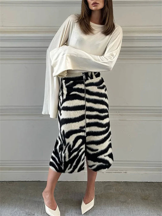 Tossy Women's Zebra Print Midi Skirt High Waist Pencil Front Zipper Side Slit Casual Daily Streetwear Faux Fur Plush Fall Skirt