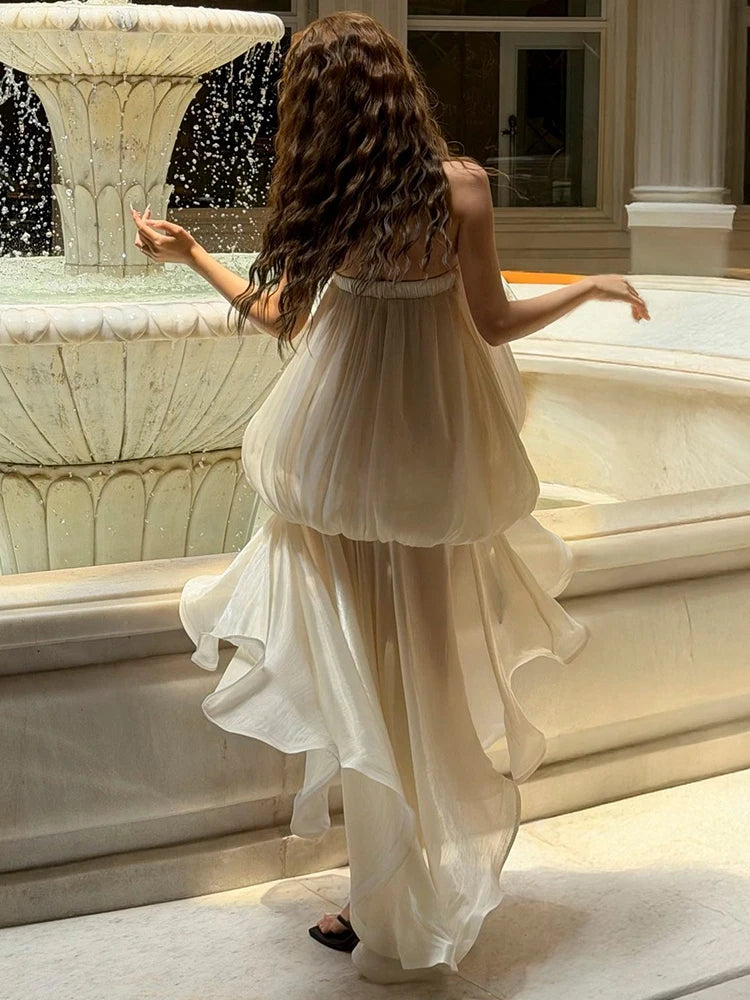 Sisterlinda Elegant Dress Women Bow Tassel Decoration Irregular Ruffles Hem Chest Wrap Folds Sleeveless Birthday Party Bodycon