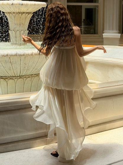 Sisterlinda Elegant Dress Women Bow Tassel Decoration Irregular Ruffles Hem Chest Wrap Folds Sleeveless Birthday Party Bodycon