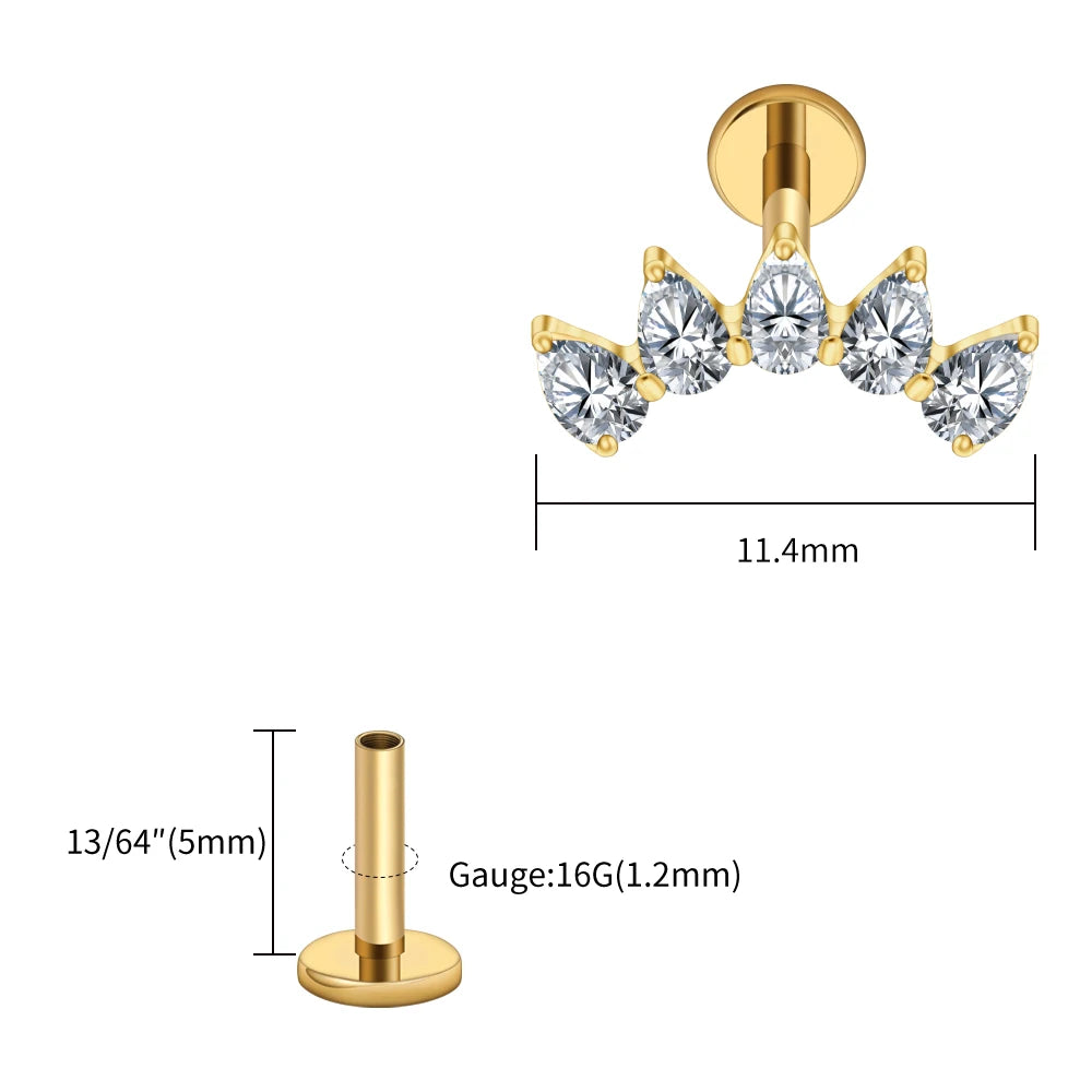 Right Grand ASTM F136 Titanium 5-Pear CZ Crown Cartilage Earring 16G Flat Back Stud Helix Tragus Labret Nose Piercing Jewelry