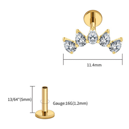 Right Grand ASTM F136 Titanium 5-Pear CZ Crown Cartilage Earring 16G Flat Back Stud Helix Tragus Labret Nose Piercing Jewelry