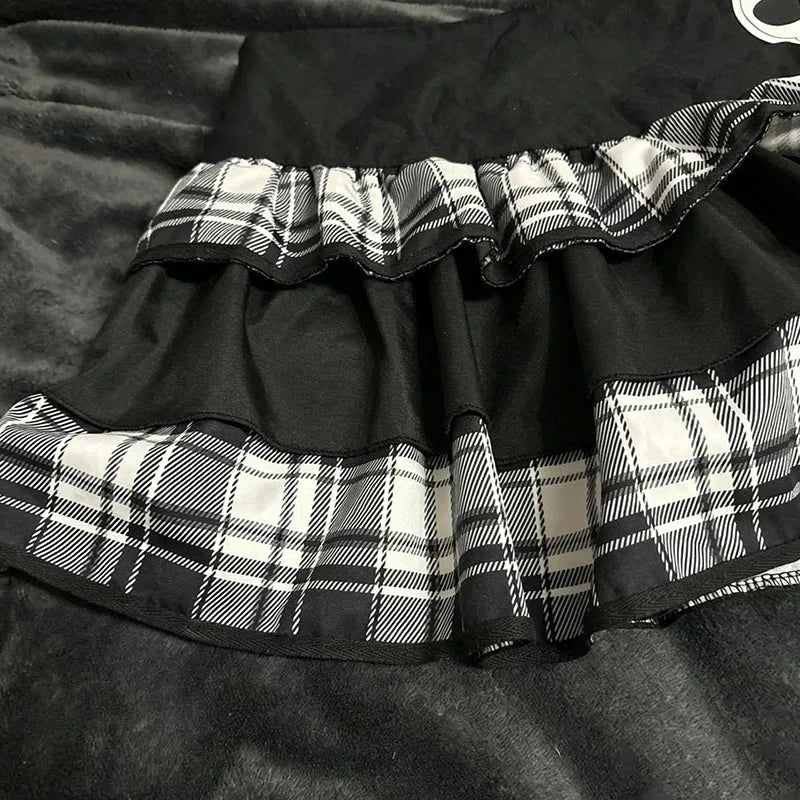 Harajuku Punk Plaid Ruffle Mini Skirt Gothic Elastic Waist Skull Chain Streetwear Y2K Lolita Women Short Skirt Women's Clothes