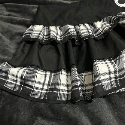 Harajuku Punk Plaid Ruffle Mini Skirt Gothic Elastic Waist Skull Chain Streetwear Y2K Lolita Women Short Skirt Women's Clothes