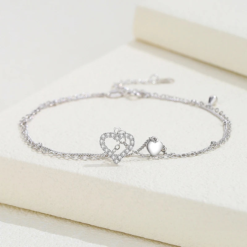 New Fashion 925 Sterling Silver Heart Rhinestone CZ Pendant Double Layer Anklets Women Jewelry Summer Zircon Foot Chain Bracelet