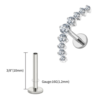 Right Grand ASTM F136 Titanium Arc CZ Cluster Labret Curved Bar Flat Back Stud Earring Helix Cartilage Conch Piercing Jewelry