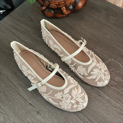 Women's Embroidered Mesh Mary Jane Flats