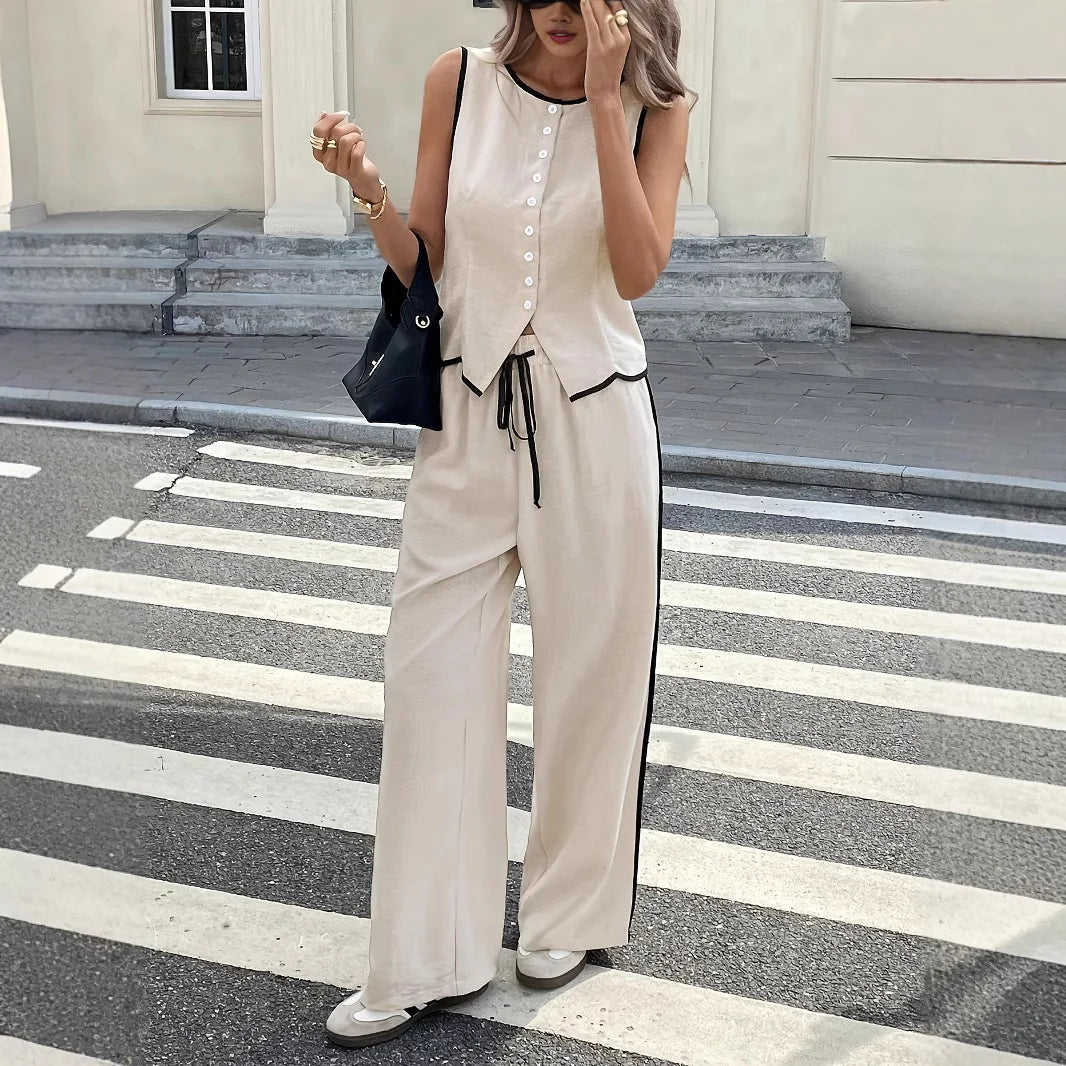 2026 Summer Female Vest Pants Set Solid Sleeveless V-Neck Top High Waist Casual Loose Pant Two-piece Set Office Lady Suit Street