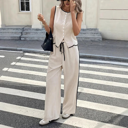 2026 Summer Female Vest Pants Set Solid Sleeveless V-Neck Top High Waist Casual Loose Pant Two-piece Set Office Lady Suit Street