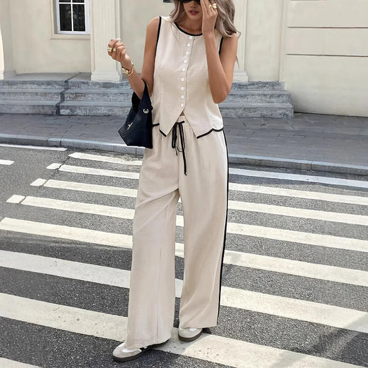 2026 Summer Female Vest Pants Set Solid Sleeveless V-Neck Top High Waist Casual Loose Pant Two-piece Set Office Lady Suit Street