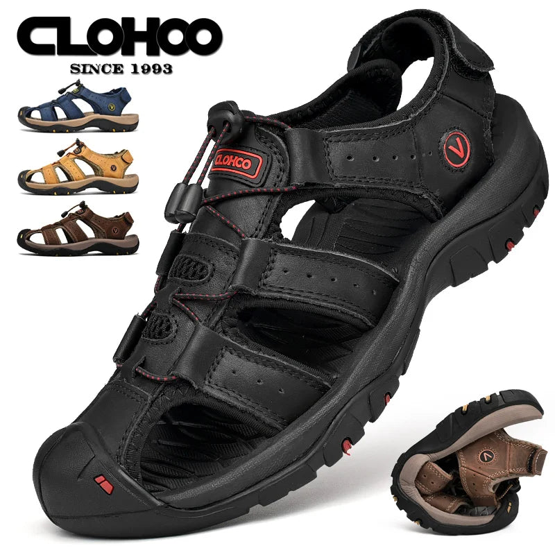 CLOHOO Men's Sandals Handmade Thick Bottom Rubber Breathable Casual Slip-On Beach Shoes Leather Upgraded Version