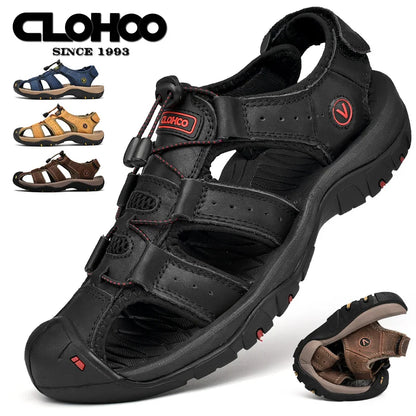 CLOHOO Men's Sandals Handmade Thick Bottom Rubber Breathable Casual Slip-On Beach Shoes Leather Upgraded Version