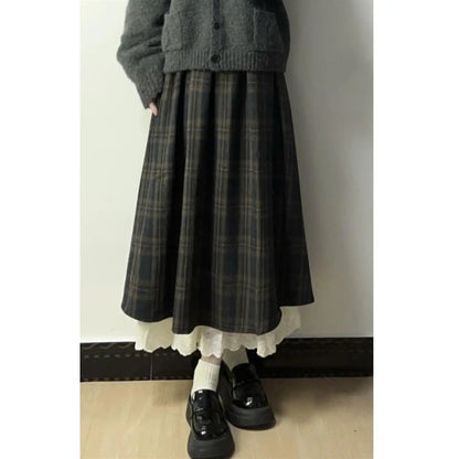 Retro Woolen  Skirt High Waist Wide Hem for Women Autumn Winter Plaid A-Line Midi Skirt Commute Style Casual Fit