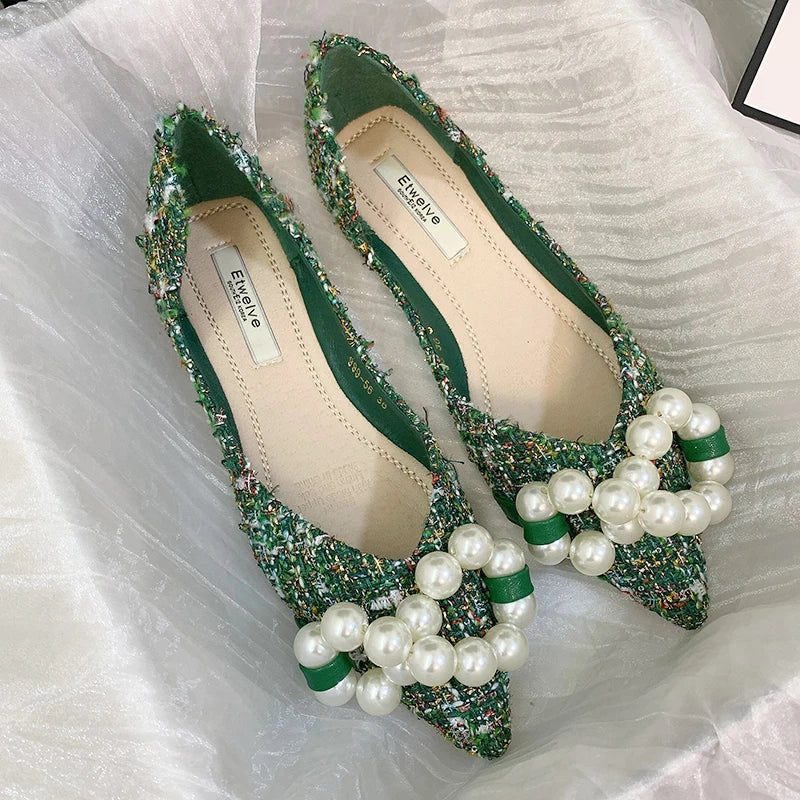 Flat Shoes for Women 2025 Spring Summer New Big Pearls Green White Women Flats Slip on Casual Loafers Zapatillas Mujer 44 45 46