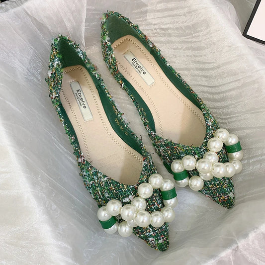 Flat Shoes for Women 2025 Spring Summer New Big Pearls Green White Women Flats Slip on Casual Loafers Zapatillas Mujer 44 45 46