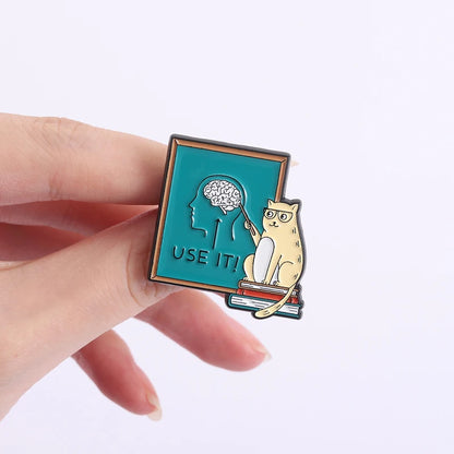 Cute Cat Teacher Brooch Enamel Pin Cat Teaching Use It Brain Encourage Thinking Brooches Clothes Lapel Badge Animal Jewelry Gift