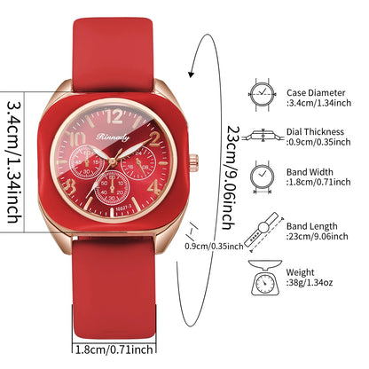 Fashion Women Square Quartz Watch Red Silicone Strap Decorative Three Dials Sports Wristwatches Relogio Feminino（Without Box）