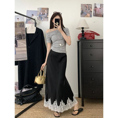 Elegant Long Skirts for Women Summer High Waist Lace Satin Skirt Women's A-line Korean Fashion Solid Color Loose Women's Skirt